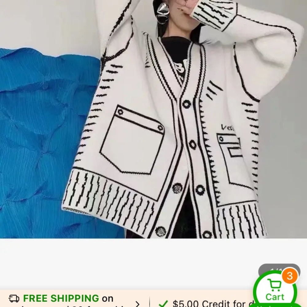 Graphic Sketch Cardigan Sweater in White and Black NWOT